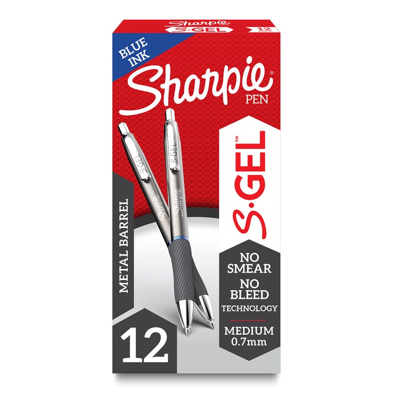 Sharpie S-Gel, Gel Pens, Sleek Metal Barrel, Gunmetal, Medium Point (0.7mm), Blue Ink, 12 Count - Image 1